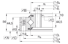 交叉滾子軸承 XSU140844, 標準系列 14， 無齒輪齒，兩側唇密封