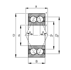角接觸球軸承 3001-B-2RSR-TVH, 雙列，雙側(cè)唇密封，接觸角 α = 25°